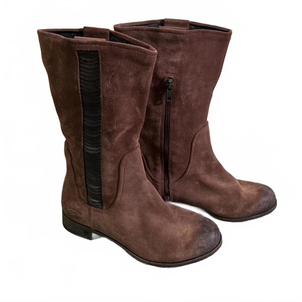 UGG Brown Suede Leather Boho Chic Mid Calf Boots Womens Size 6 EU 37 3183